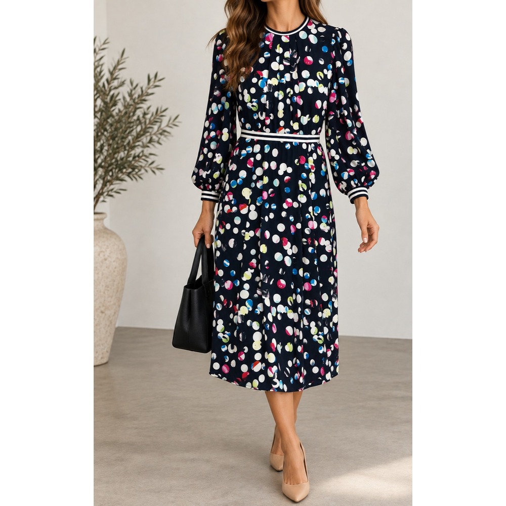 Hunter Bell Midi Silk Dress Black Abstract Polka Dot Stripe Trim Luxury Designer